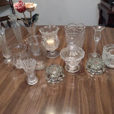 Collection of Glass/Crystal Home Decor- Vases, Candle Holder, Candy Dish