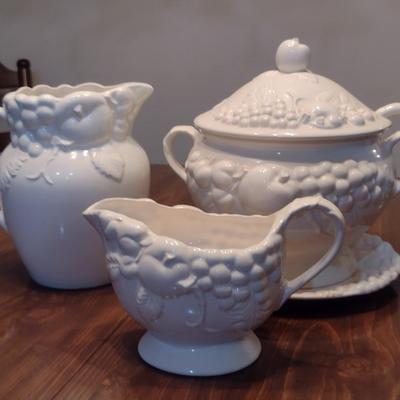 Sig Japanese Porcelain- Three Pieces- Gravy Boat, Pitcher, Covered Soup Taurine with Plate and Ladle
