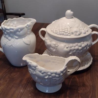 Sig Japanese Porcelain- Three Pieces- Gravy Boat, Pitcher, Covered Soup Taurine with Plate and Ladle