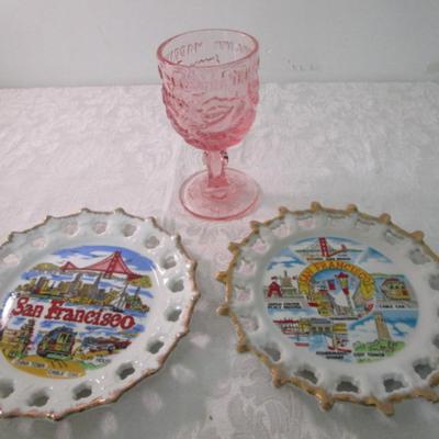 Sale Photo Thumbnail #353: Plates are 8-1/4" across, Madonna Inn decorative goblet is 6-3/8" tall  