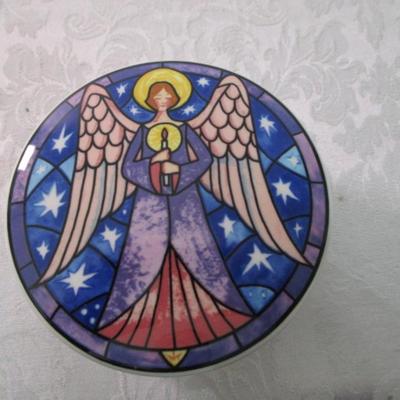 Sale Photo Thumbnail #365: New American Greetings plate is 6" across & has "Consider Yourself Hugged" on it; new condition Mikasa dish is Model HK 501 Angel 4-3/4" across; excellent condition Spoon Holder is 9" long