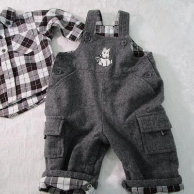 Sale Photo Thumbnail #372: From The Children's Place, includes plaid shirt 65% polyester 35% rayon 0-3 months; gray overalls 0-3 months 70% wool 20% polyester 10% nylon; hat is 0-6 months