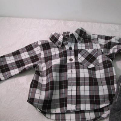Sale Photo Thumbnail #371: From The Children's Place, includes plaid shirt 65% polyester 35% rayon 0-3 months; gray overalls 0-3 months 70% wool 20% polyester 10% nylon; hat is 0-6 months