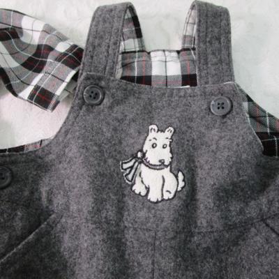 Sale Photo Thumbnail #373: From The Children's Place, includes plaid shirt 65% polyester 35% rayon 0-3 months; gray overalls 0-3 months 70% wool 20% polyester 10% nylon; hat is 0-6 months