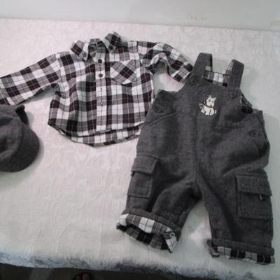 Sale Photo Thumbnail #369: From The Children's Place, includes plaid shirt 65% polyester 35% rayon 0-3 months; gray overalls 0-3 months 70% wool 20% polyester 10% nylon; hat is 0-6 months