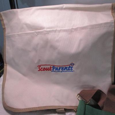 Sale Photo Thumbnail #495: 1 is a duffle bag is 11" deep x 22" long x 11" tall ; New Utah State Employees Charitable Fund bag is 15" x 18", New Shopa bag is 12-1/4" x 14" tall x 3-5/8" deep; New Scout Parents courier bag is 14" wide x 13-3/4" tall x 3" deep, US Traveler bag is 13" 