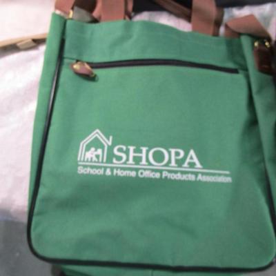 Sale Photo Thumbnail #492: 1 is a duffle bag is 11" deep x 22" long x 11" tall ; New Utah State Employees Charitable Fund bag is 15" x 18", New Shopa bag is 12-1/4" x 14" tall x 3-5/8" deep; New Scout Parents courier bag is 14" wide x 13-3/4" tall x 3" deep, US Traveler bag is 13" 