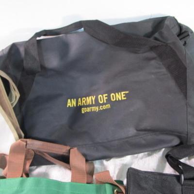 Sale Photo Thumbnail #496: 1 is a duffle bag is 11" deep x 22" long x 11" tall ; New Utah State Employees Charitable Fund bag is 15" x 18", New Shopa bag is 12-1/4" x 14" tall x 3-5/8" deep; New Scout Parents courier bag is 14" wide x 13-3/4" tall x 3" deep, US Traveler bag is 13" 