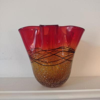 Hand Blown Handkerchief Art Glass Vase with Metallic Flake- Possibly CYS- Approx 5 1/2" Tall