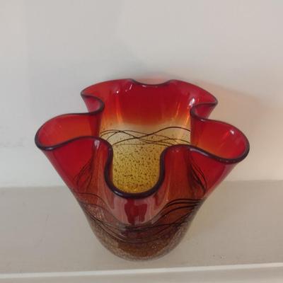 Hand Blown Handkerchief Art Glass Vase with Metallic Flake- Possibly CYS- Approx 5 1/2" Tall