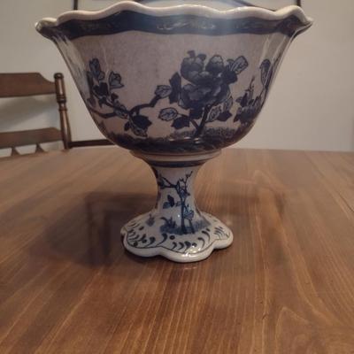 Glazed Ceramic Crackle Finish Centerpiece Bowl in Classic Blue and White- Approx 8 1/2" Tall