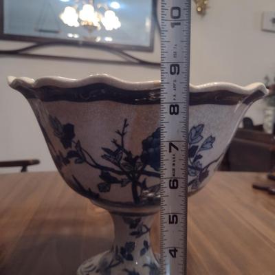 Glazed Ceramic Crackle Finish Centerpiece Bowl in Classic Blue and White- Approx 8 1/2" Tall