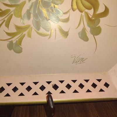Vintage Nashco Hand Painted Serving Tray- Signed 'Van'- Approx 20" x 15"