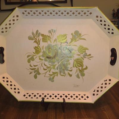 Vintage Nashco Hand Painted Serving Tray- Signed 'Van'- Approx 20" x 15"