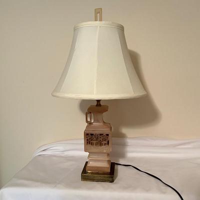 Chinoiserie Style Carved Stone Lamp & Floral Painting (BR-RG)