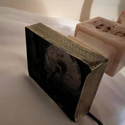 Chinoiserie Style Carved Stone Lamp & Floral Painting (BR-RG)