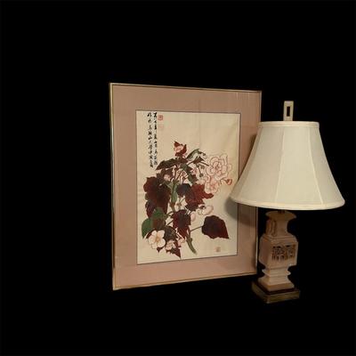 Chinoiserie Style Carved Stone Lamp & Floral Painting (BR-RG)