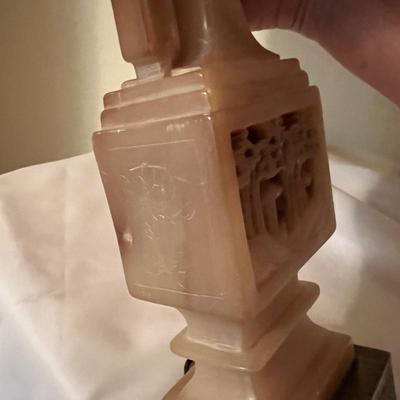 Chinoiserie Style Carved Stone Lamp & Floral Painting (BR-RG)