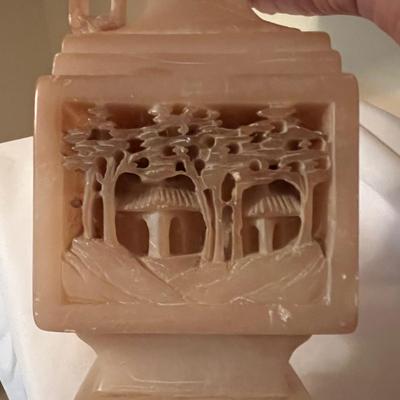 Chinoiserie Style Carved Stone Lamp & Floral Painting (BR-RG)