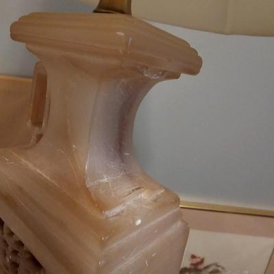 Chinoiserie Style Carved Stone Lamp & Floral Painting (BR-RG)