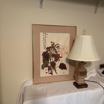 Chinoiserie Style Carved Stone Lamp & Floral Painting (BR-RG)