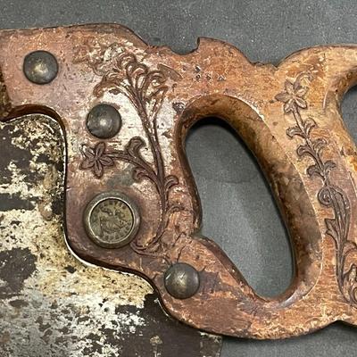 Sale Photo Thumbnail #716: Unsigned. Tool names include: Stanley Rule & Level Co., W. Butcher, and Henry Disston & Sons, among others. Measures 21.5" tall x 36.5" wide x 25.5" deep.