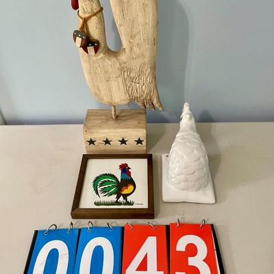 Sale Photo Thumbnail #1104: Includes wooden rooster, rooster trivet and ceramic wall head/hook.