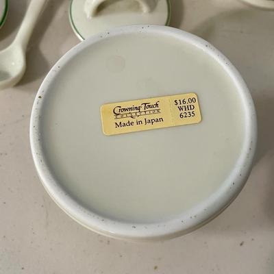 Sale Photo Thumbnail #1412: Includes plates, cream + sugar set, tea set (as is), ceramic napkin rings and extras.