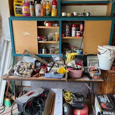 Sale Photo Thumbnail #105: Extension cords minnow buckets, shop light, Air compressor, small cabinet and more.