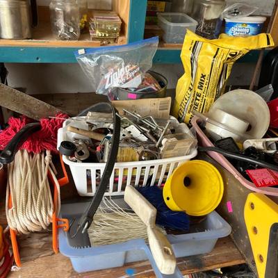 Sale Photo Thumbnail #111: Extension cords minnow buckets, shop light, Air compressor, small cabinet and more.