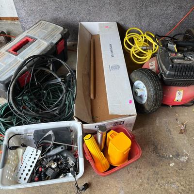 Sale Photo Thumbnail #108: Extension cords minnow buckets, shop light, Air compressor, small cabinet and more.