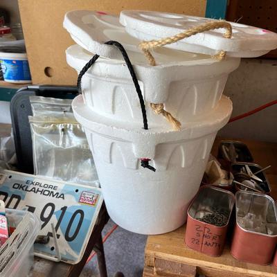 Sale Photo Thumbnail #116: Extension cords minnow buckets, shop light, Air compressor, small cabinet and more.