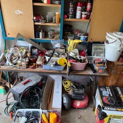 Sale Photo Thumbnail #106: Extension cords minnow buckets, shop light, Air compressor, small cabinet and more.