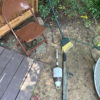 Sale Photo Thumbnail #177: Yard tools, fan, ladder, tiller, chair, hydraulic jack
Shelf does sale