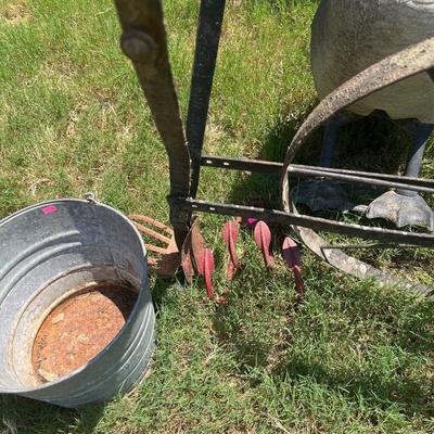 Sale Photo Thumbnail #192: Log rack, yard goose, pail, vintage push plow