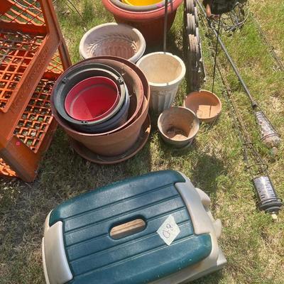 Sale Photo Thumbnail #196: Flower pots, shepherds hooks, rolling yard stool, flower baskets