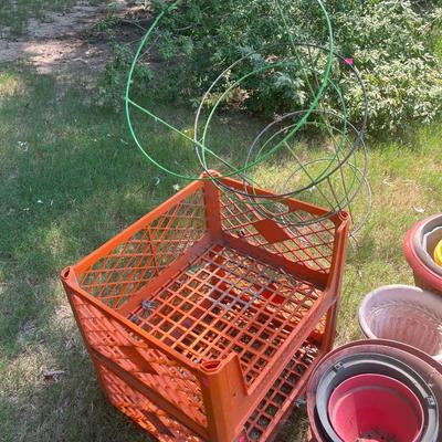 Sale Photo Thumbnail #197: Flower pots, shepherds hooks, rolling yard stool, flower baskets