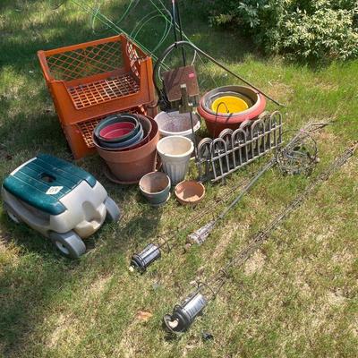 Sale Photo Thumbnail #194: Flower pots, shepherds hooks, rolling yard stool, flower baskets