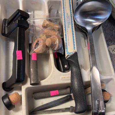 Sale Photo Thumbnail #240: Cookbooks, Knives, wood  and glass bowl.