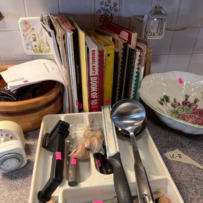 Sale Photo Thumbnail #239: Cookbooks, Knives, wood  and glass bowl.