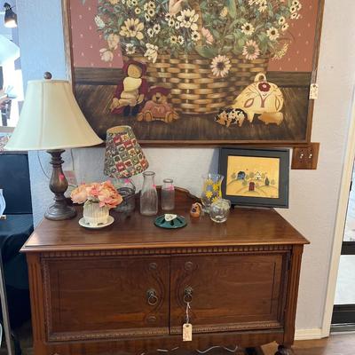 Sale Photo Thumbnail #260: Folk Art Picture, Side Board and More
42” long,18” wide, 34”1/2 tall.