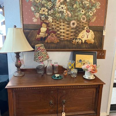 Sale Photo Thumbnail #259: Folk Art Picture, Side Board and More
42” long,18” wide, 34”1/2 tall.