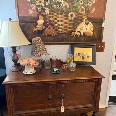 Sale Photo Thumbnail #261: Folk Art Picture, Side Board and More
42” long,18” wide, 34”1/2 tall.