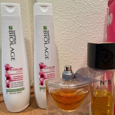 Hair care, perfume, and Clinique face #3 cleaners