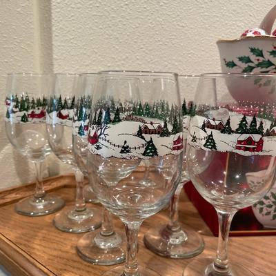 Lenox Holly basket and Libbey Christmas glasses and mugs