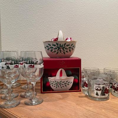 Lenox Holly basket and Libbey Christmas glasses and mugs