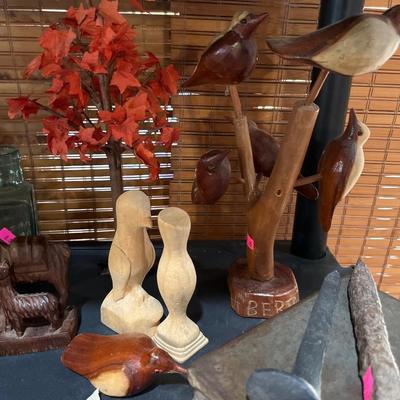 Sale Photo Thumbnail #293: Carved Birds and And animals 
vintage Jars and colorful jars.
