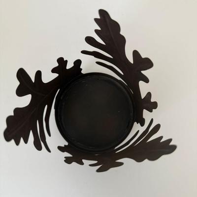 Sale Photo Thumbnail #94: Metal large candle holder. Oak leaves. Dark brown. Fall decor