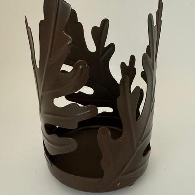 Sale Photo Thumbnail #95: Metal large candle holder. Oak leaves. Dark brown. Fall decor