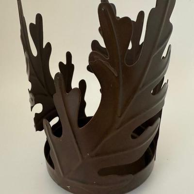 Sale Photo Thumbnail #93: Metal large candle holder. Oak leaves. Dark brown. Fall decor